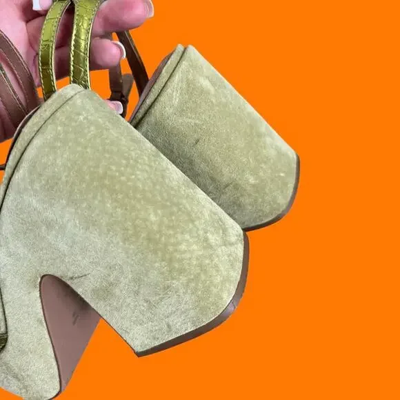 Free People Samara Heels Platform Chunky Ankle Strap Green Size 8 Vicenza - Picture 5 of 7